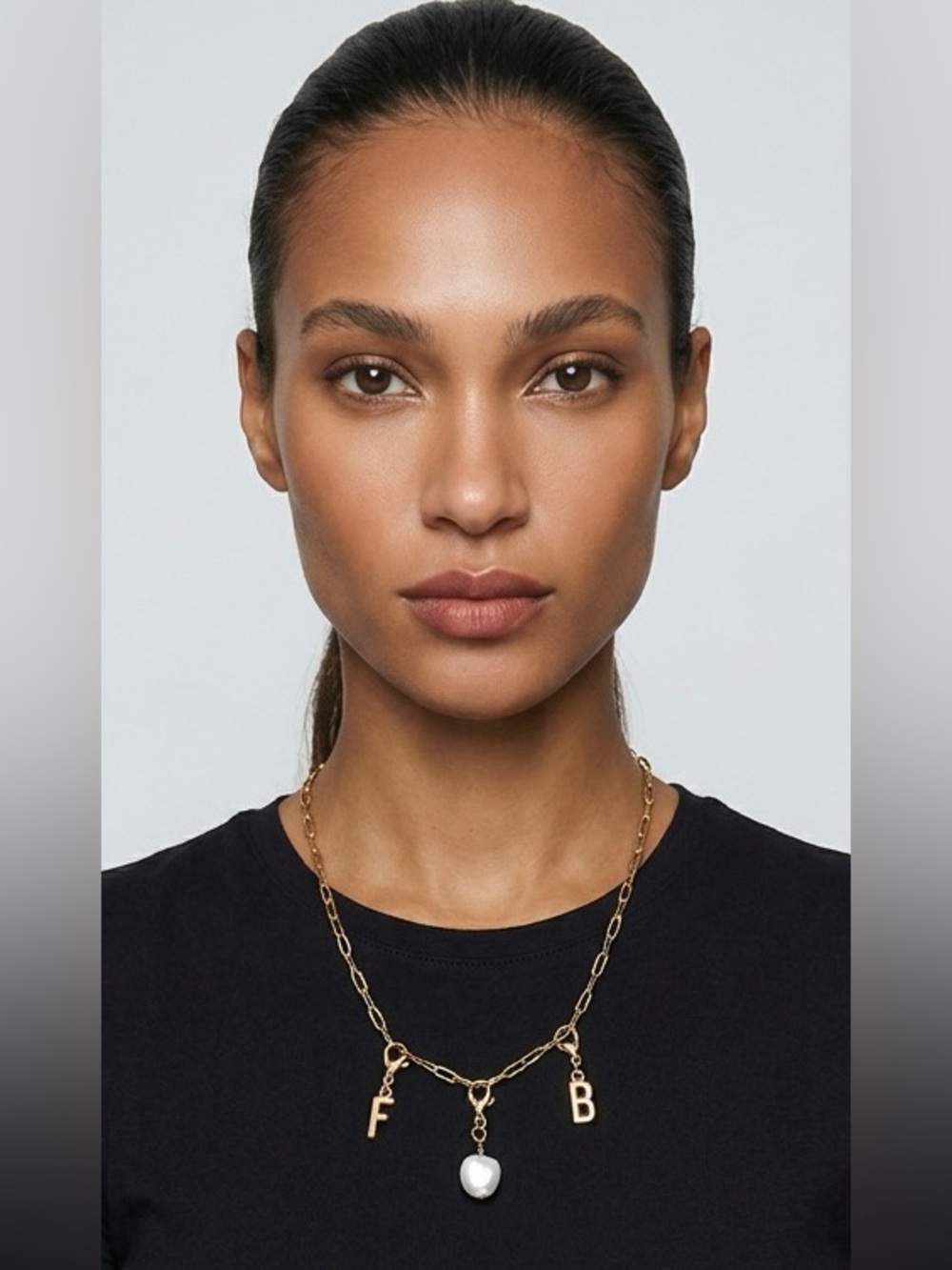 Gold Paperclip Initial Charm Necklace Pearl Custom Letter FB (Football) Layering - Picture 3 of 5
